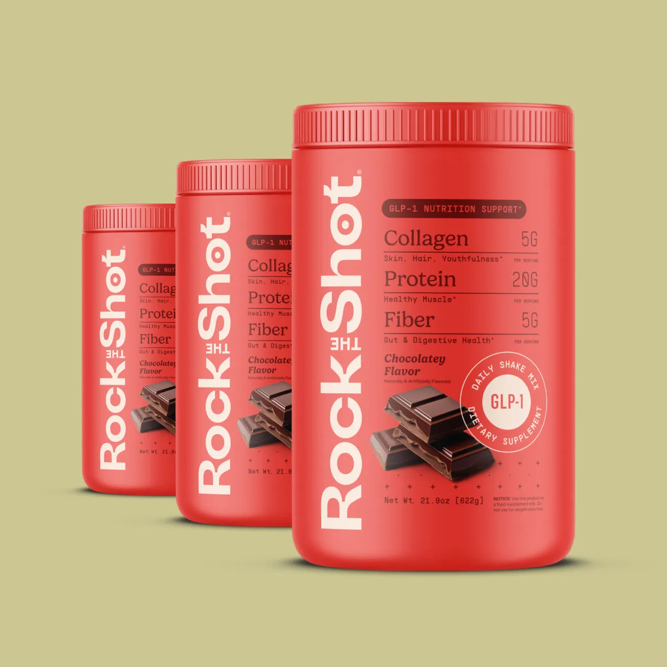 Three red containers of Rock the Shot Collagen Protein Fiber on a light green background
